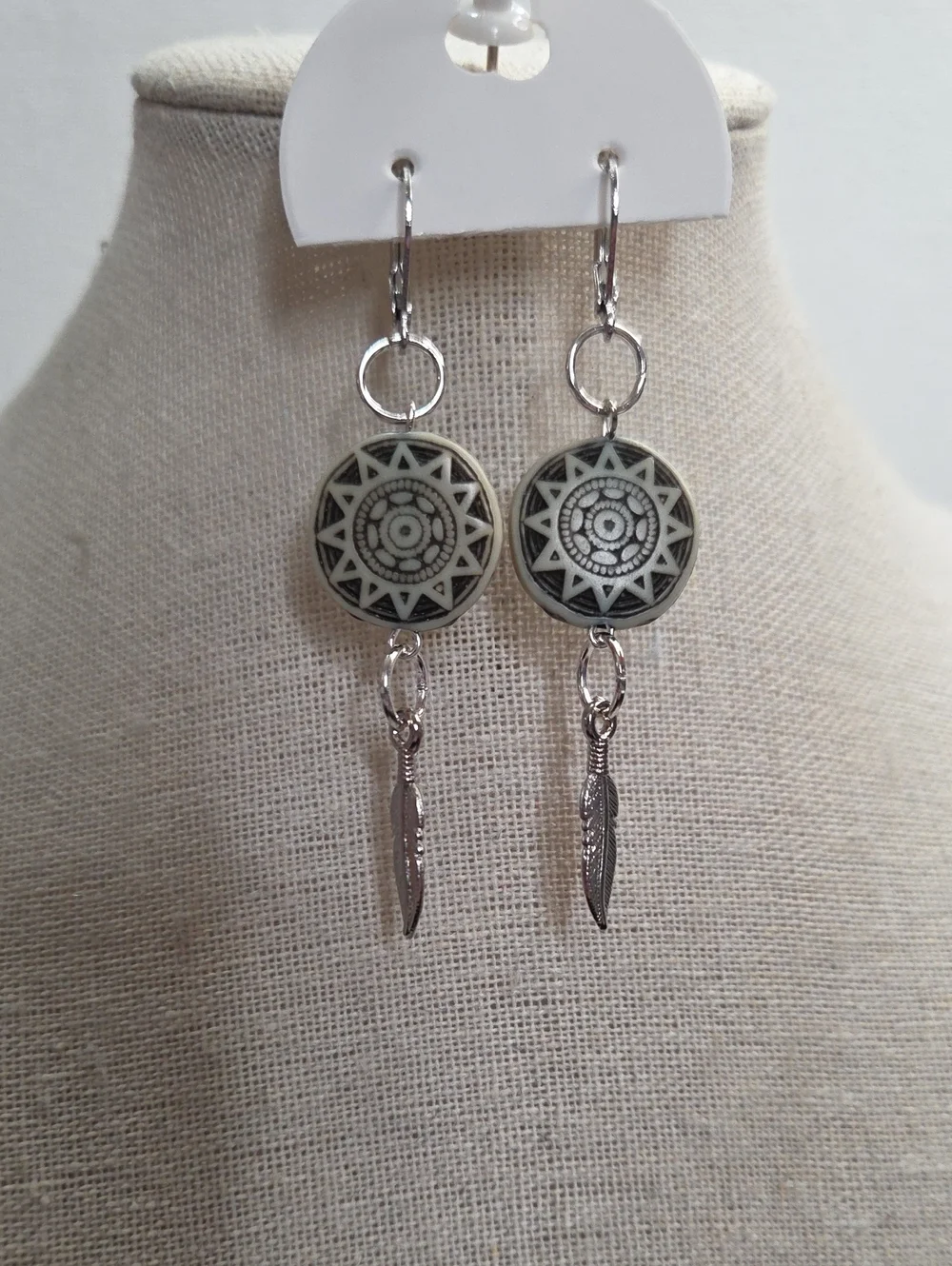 Handcrafted Black Cream Celtic Disc Silver Feather Pierced Earrings Boho Unique